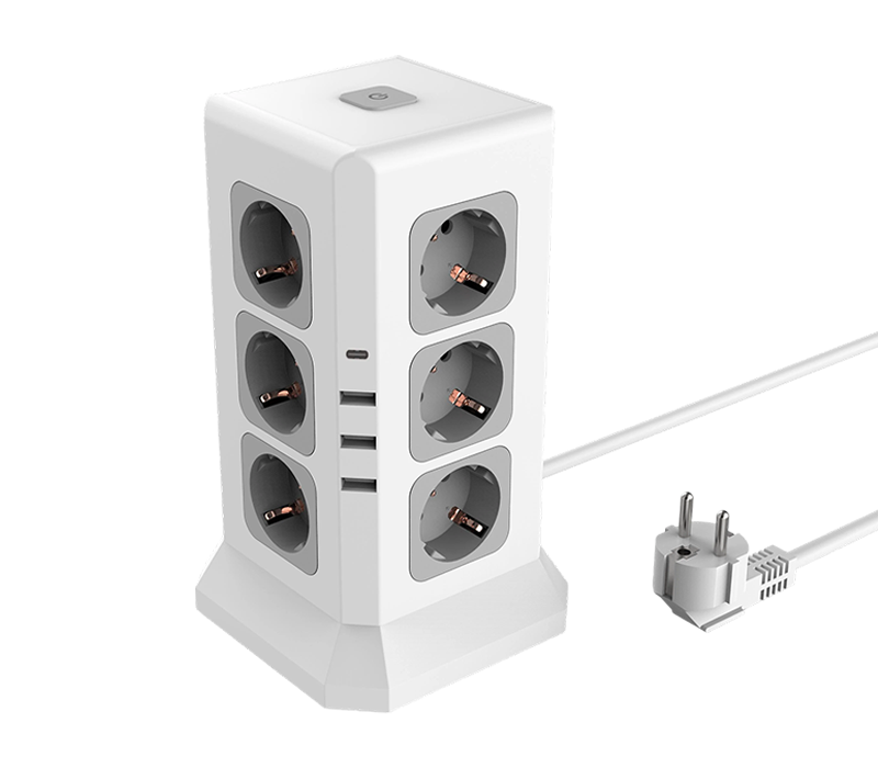 E11 káblový multifunkčný napájací pásik s 12 zásuvkami v európskom štýle, 3 portami USB-A a 1 portom USB-C, s prepínačom