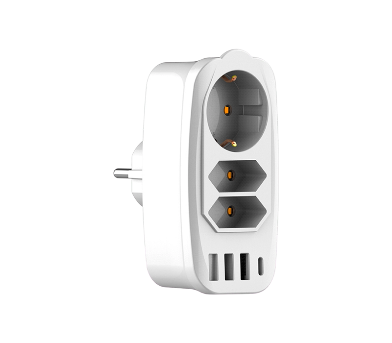 E06 Zásuvný multifunkčný predlžovací kábel s 2 európskymi zásuvkami typu C, 1 zásuvkou európskeho typu F, 3 portami USB-A a 1 portom USB-C