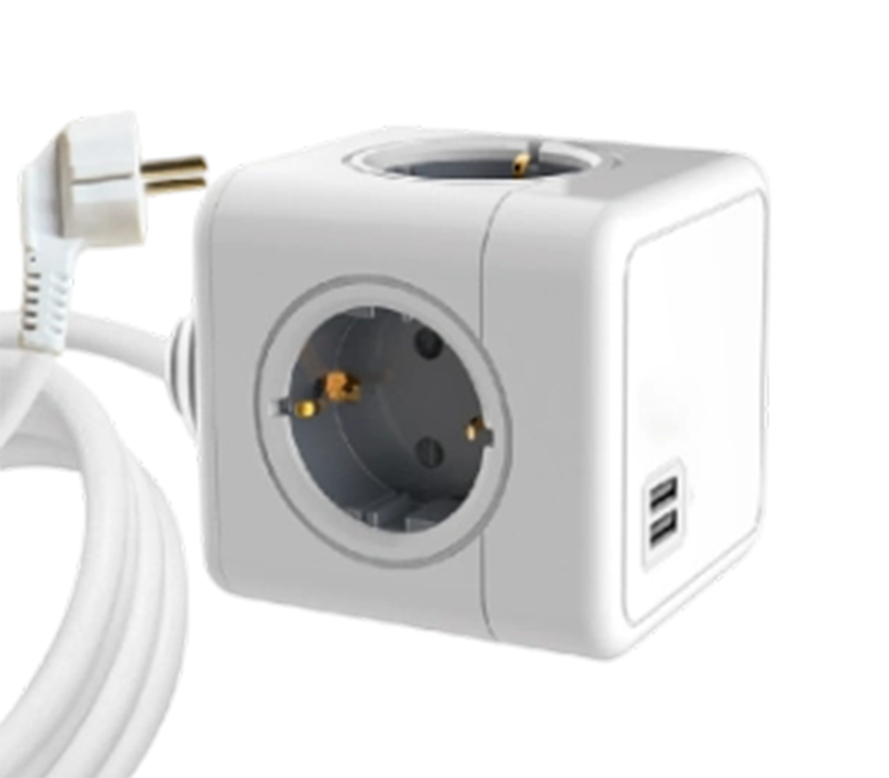 E04A Wired Cube Power Strip so 4 zásuvkami v európskom štýle a 2 USB-A portami
