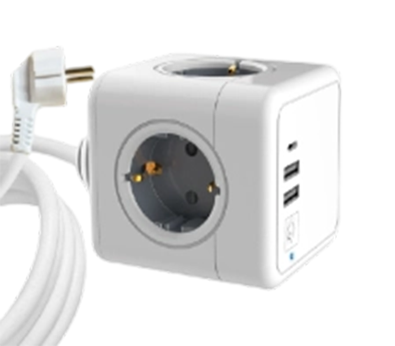 E04C Wired Cube Power Strip so 4 zásuvkami v európskom štýle, 2 portami USB-A a 1 portom USB-C