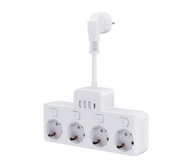 Káblový napájací pásik E14-4 so 4 zásuvkami v európskom štýle, 3 portami USB-A a 1 portom USB-C, s nezávislým prepínačom