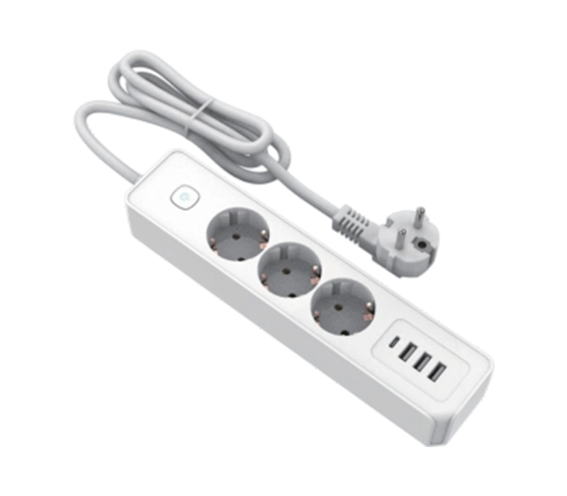 E21-3 napájací pásik v európskom štýle s 3 zásuvkami, 3 portami USB-A a 1 portom USB-C, prepínač je súčasťou balenia