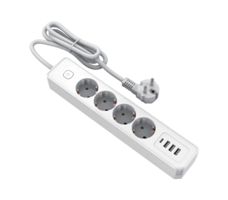 E21-4 napájací pásik v európskom štýle so 4 zásuvkami, 3 portami USB-A a 1 portom USB-C, prepínač je súčasťou balenia
