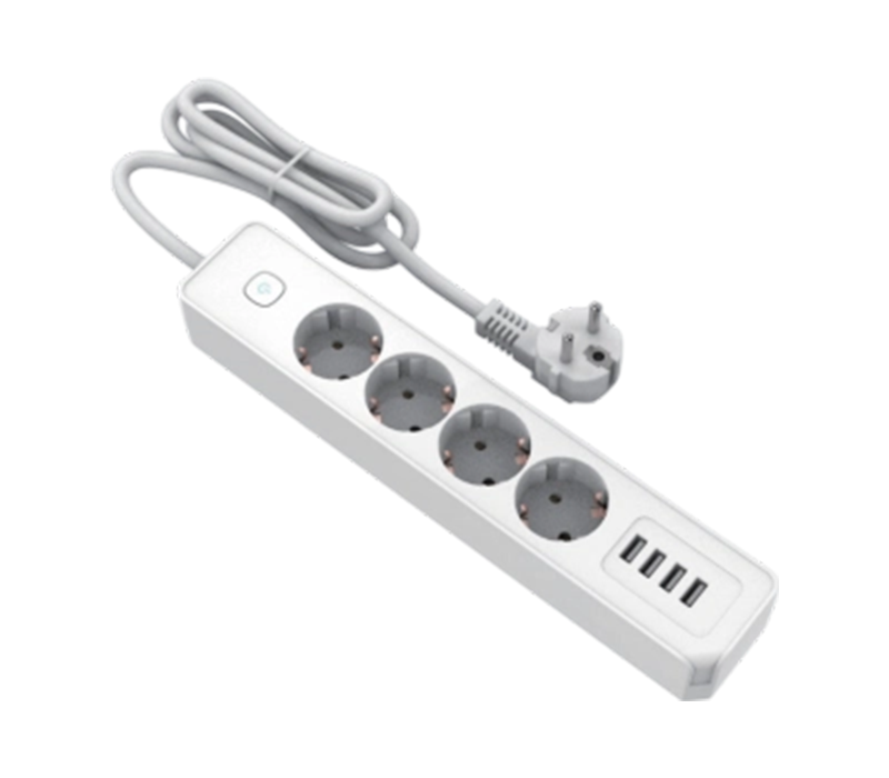 E22-4 napájací pásik v európskom štýle so 4 zásuvkami a 4 portami USB-A, prepínač je súčasťou balenia
