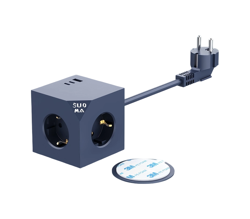 E25 Wired Cube Power Strip s 3 zásuvkami v európskom štýle, 1 USB-A portom a 2 USB-C portom, s 3m samolepiacimi nálepkami