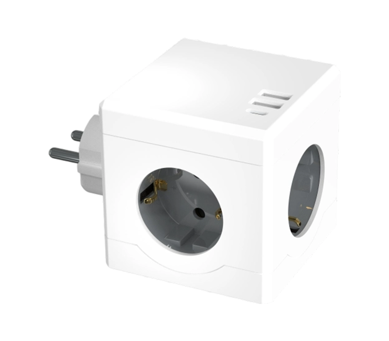 E15-C Plug-in Cube Power Strip s 3 zásuvkami v európskom štýle, 2 portami USB-A a 1 portom USB-C