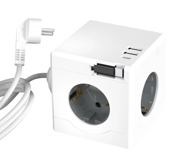 E16-D Wired Cube Power Strip s 3 zásuvkami v európskom štýle, 2 portami USB-A a 1 portom USB-C, so zaťahovacím nabíjacím káblom