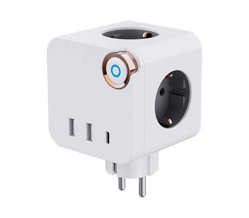 E19 Plug-In Cube Power Strip s 3 zásuvkami v európskom štýle, 2 USB-A portami a 1 USB-C portom, s prepínačom